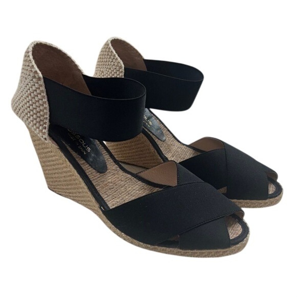 Andre Assous Erika Jute Wedge Espadrille Sandals Black Sz 9 Peep Toe